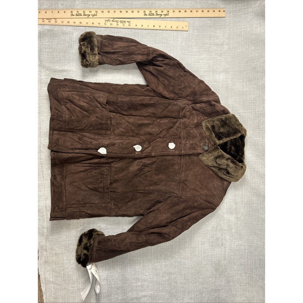 Dennis Basso Leather Coat Faux Fur Trim Dark Brown Button Down Women's – Read - Picture 4 of 13